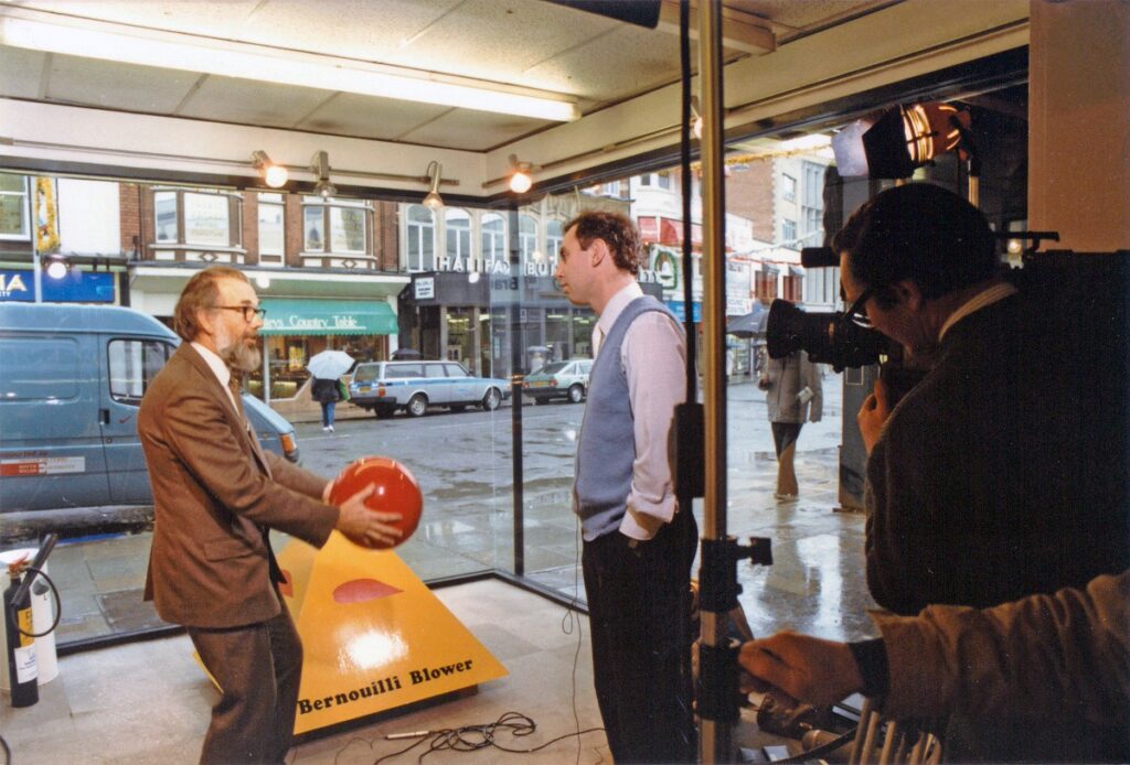 Prof John Beetlestone demonstrates the Bernoulli Blower circa the late 1980s
